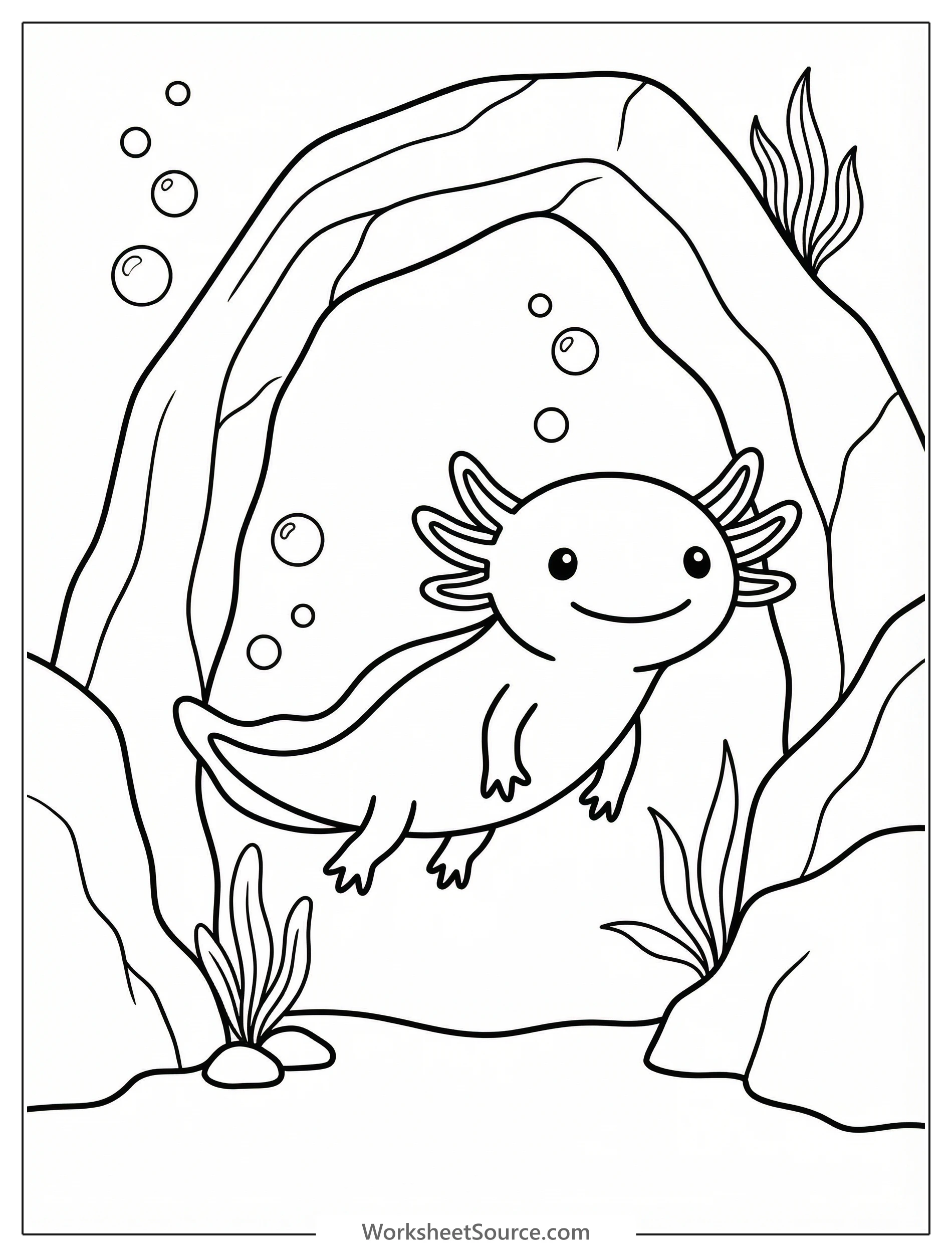 A whimsical line art drawing of a friendly axolotl with feathery gills, swimming gracefully through a small, textured underwater cave, surrounded by simple rocks.