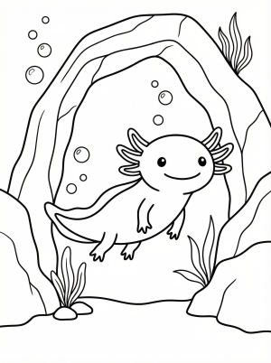 A whimsical line art drawing of a friendly axolotl with feathery gills, swimming gracefully through a small, textured underwater cave, surrounded by simple rocks.