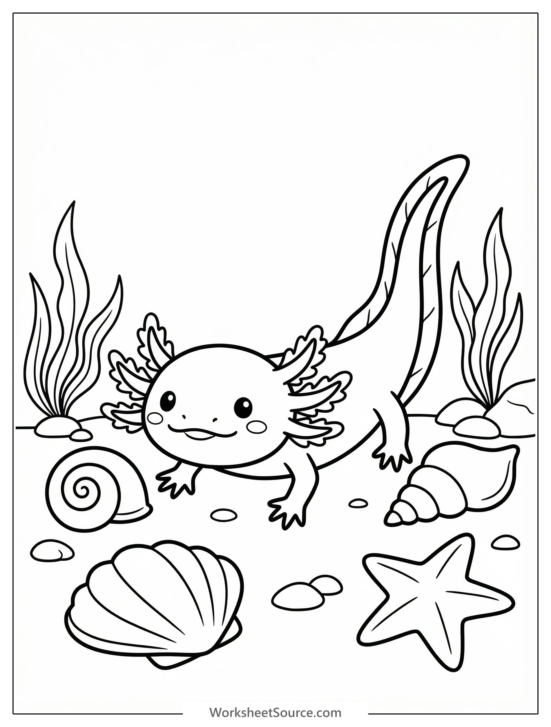 An adorable axolotl with its feathery gills is depicted on a flat surface, gently nosing an intricate collection of various sea shells.