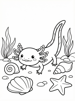 An adorable axolotl with its feathery gills is depicted on a flat surface, gently nosing an intricate collection of various sea shells.
