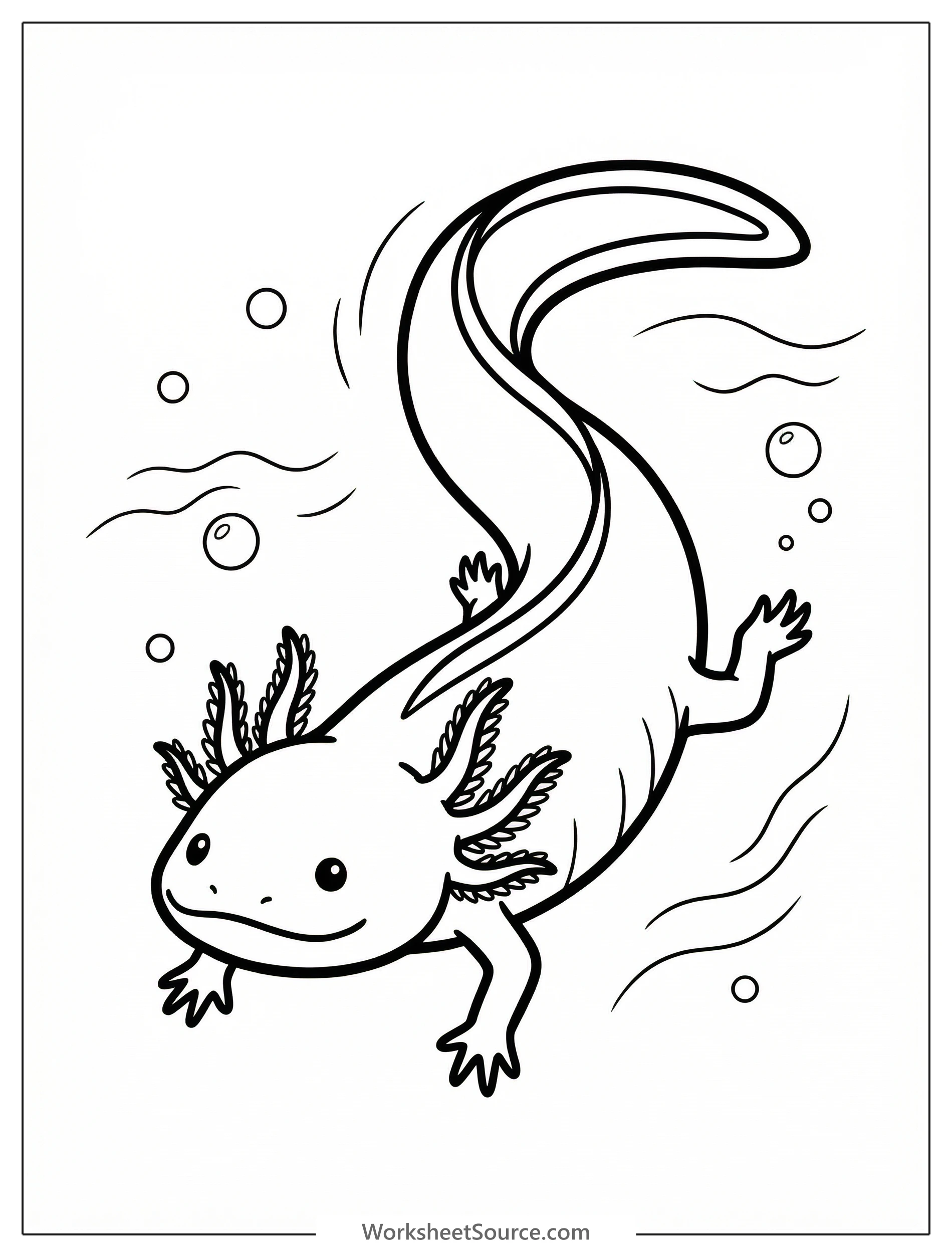 Line art drawing of an anatomically correct axolotl swimming, its tail gracefully curved in an S-shape, perfect for coloring.