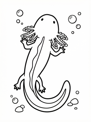 Line art coloring page featuring an anatomically correct axolotl viewed from above, highlighting its spine ridge, distinctive gill filaments, and tail.