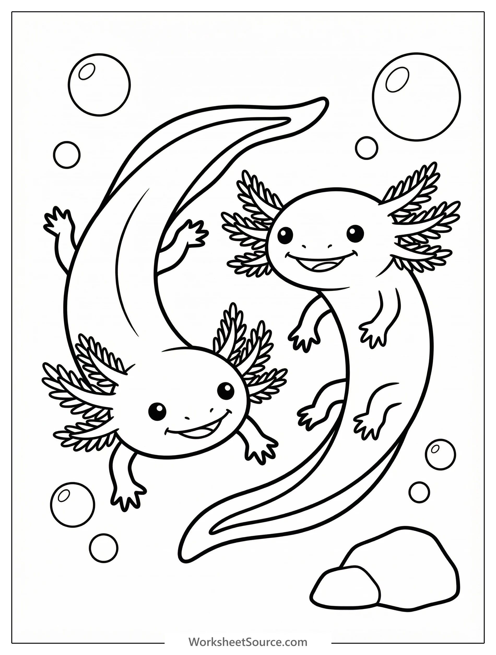 Two charming axolotls with feathery gills swim gracefully in a synchronized, side by side formation underwater, ready for coloring.
