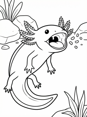Detailed line art coloring page depicting an anatomically correct axolotl with its mouth open to show suction feeding and clearly visible gills.