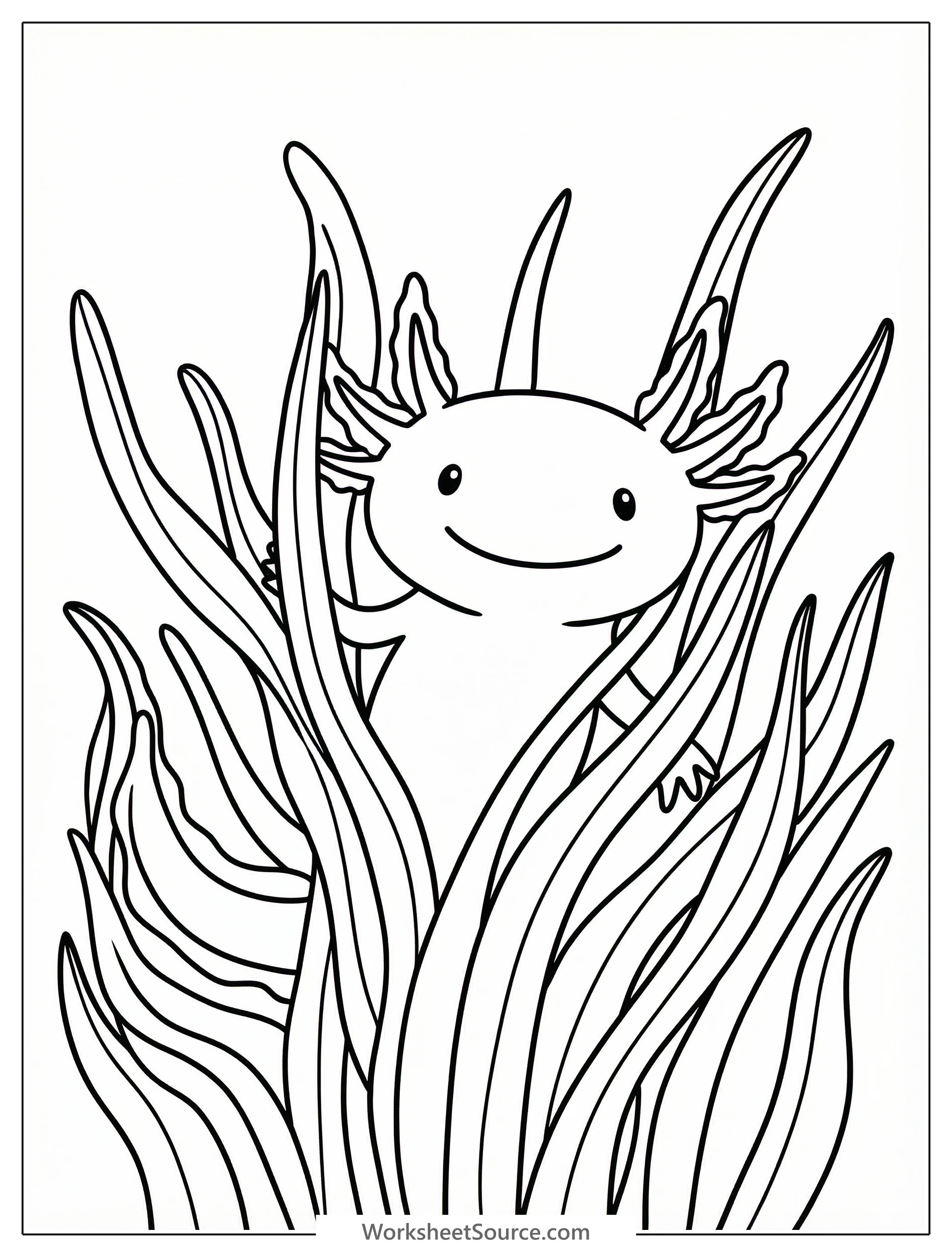 A cartoon axolotl, a unique amphibian, is partially hidden among long, wavy green aquatic grass, waiting to be colored with bright hues.