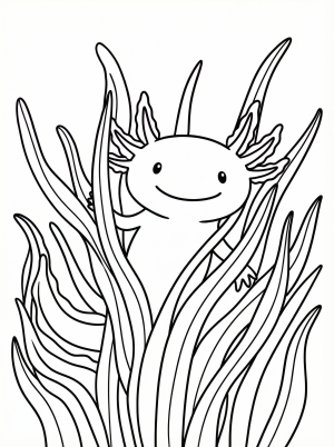 A cartoon axolotl, a unique amphibian, is partially hidden among long, wavy green aquatic grass, waiting to be colored with bright hues.