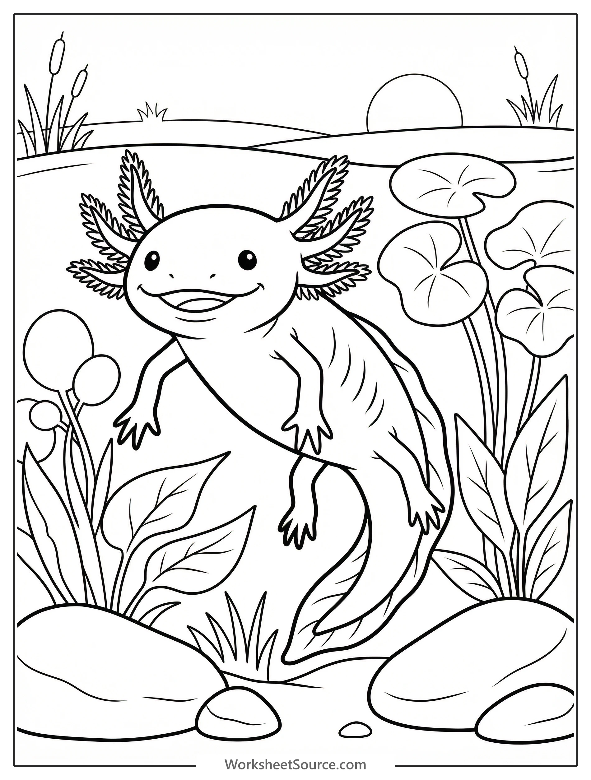 Line art coloring page of an anatomically correct axolotl with detailed gills and limbs, swimming among aquatic plants in its natural Mexican canal habitat.
