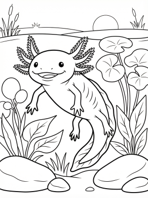 Line art coloring page of an anatomically correct axolotl with detailed gills and limbs, swimming among aquatic plants in its natural Mexican canal habitat.