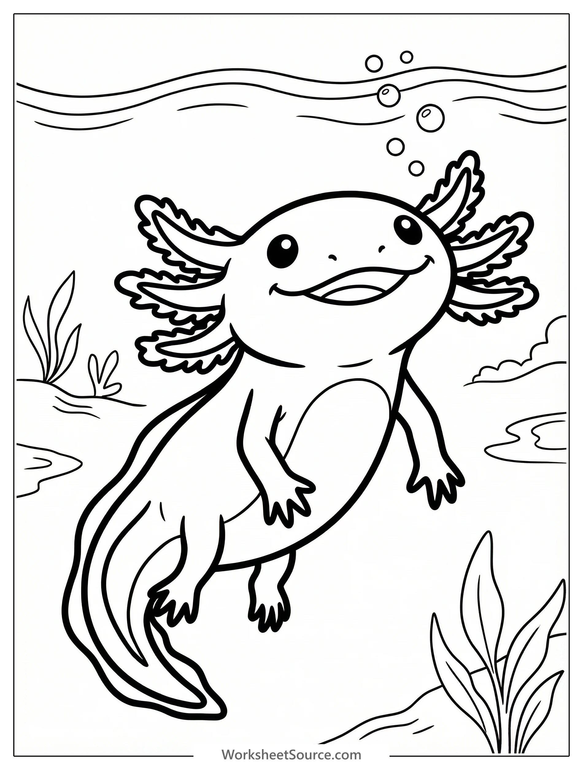 Line art illustration of a cute axolotl, an endangered salamander, with its feathery gills fanning out, looking upwards towards the water's surface.