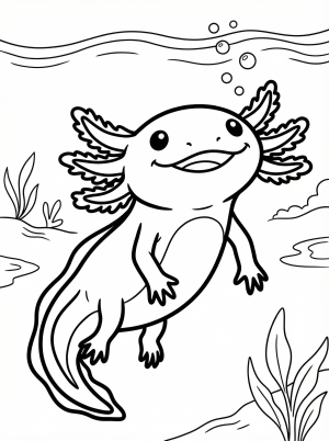 Line art illustration of a cute axolotl, an endangered salamander, with its feathery gills fanning out, looking upwards towards the water's surface.