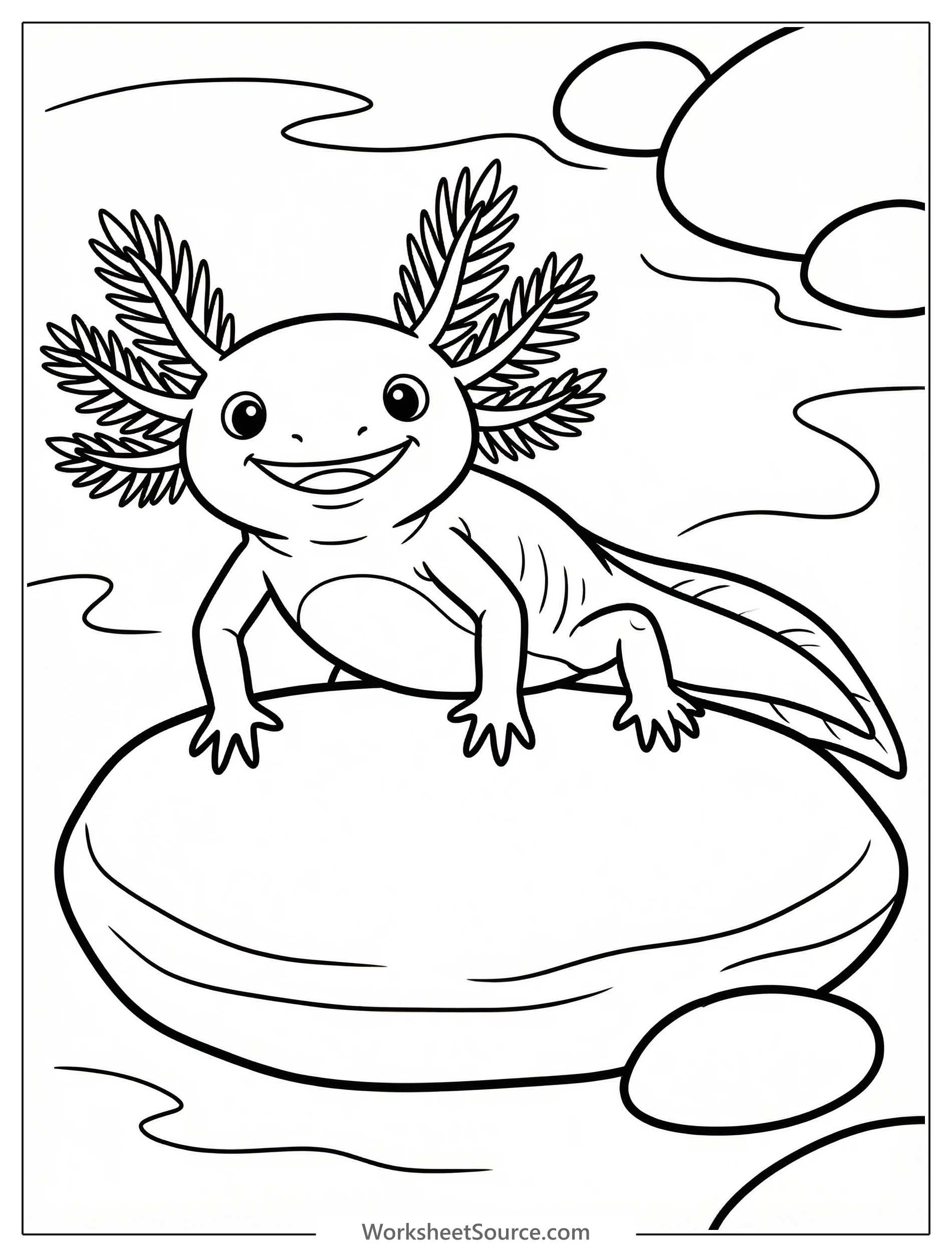 Line art coloring page features an anatomically correct axolotl resting on a flat rock. Its belly and visible limbs are clear, with relaxed feathery gills.