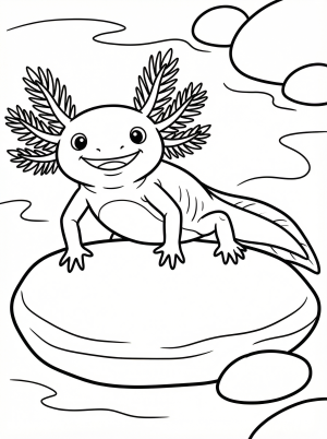 Line art coloring page features an anatomically correct axolotl resting on a flat rock. Its belly and visible limbs are clear, with relaxed feathery gills.
