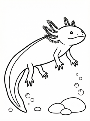 Line art illustration of an anatomically correct axolotl, side view. Features three prominent gill pairs, wide head, four limbs with digits, long tail, and smooth skin outline.