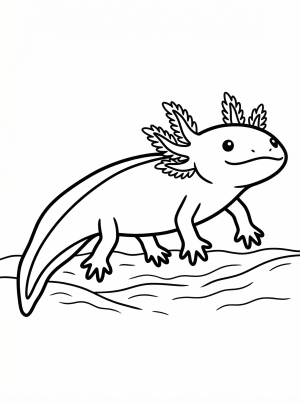 Line art coloring page showing an anatomically correct axolotl walking on rocky substrate with four distinct toes, a trailing tail, and feathery gills.