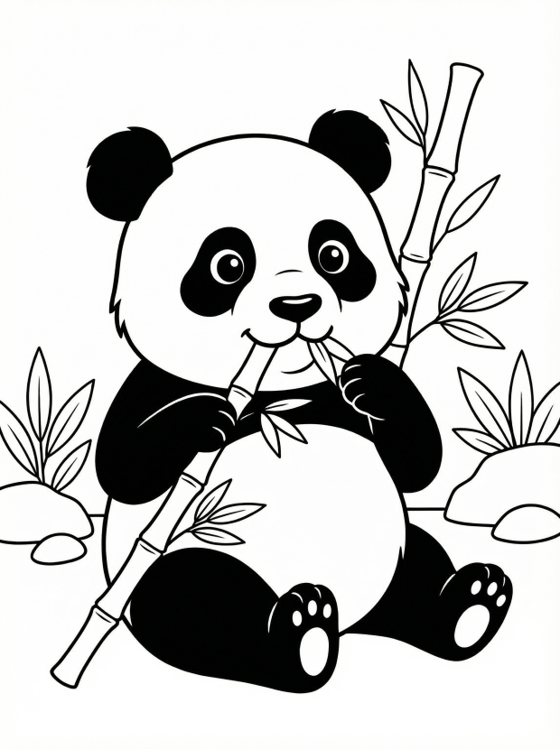 Free printable coloring page showing a panda eating bamboo, perfect for kids to practice coloring and learn about animals