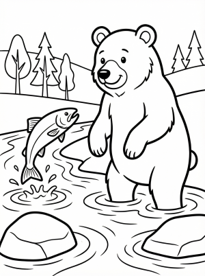 Free printable coloring page showing a bear catching a fish in a stream, perfect for kids to practice creativity and hand eye coordination