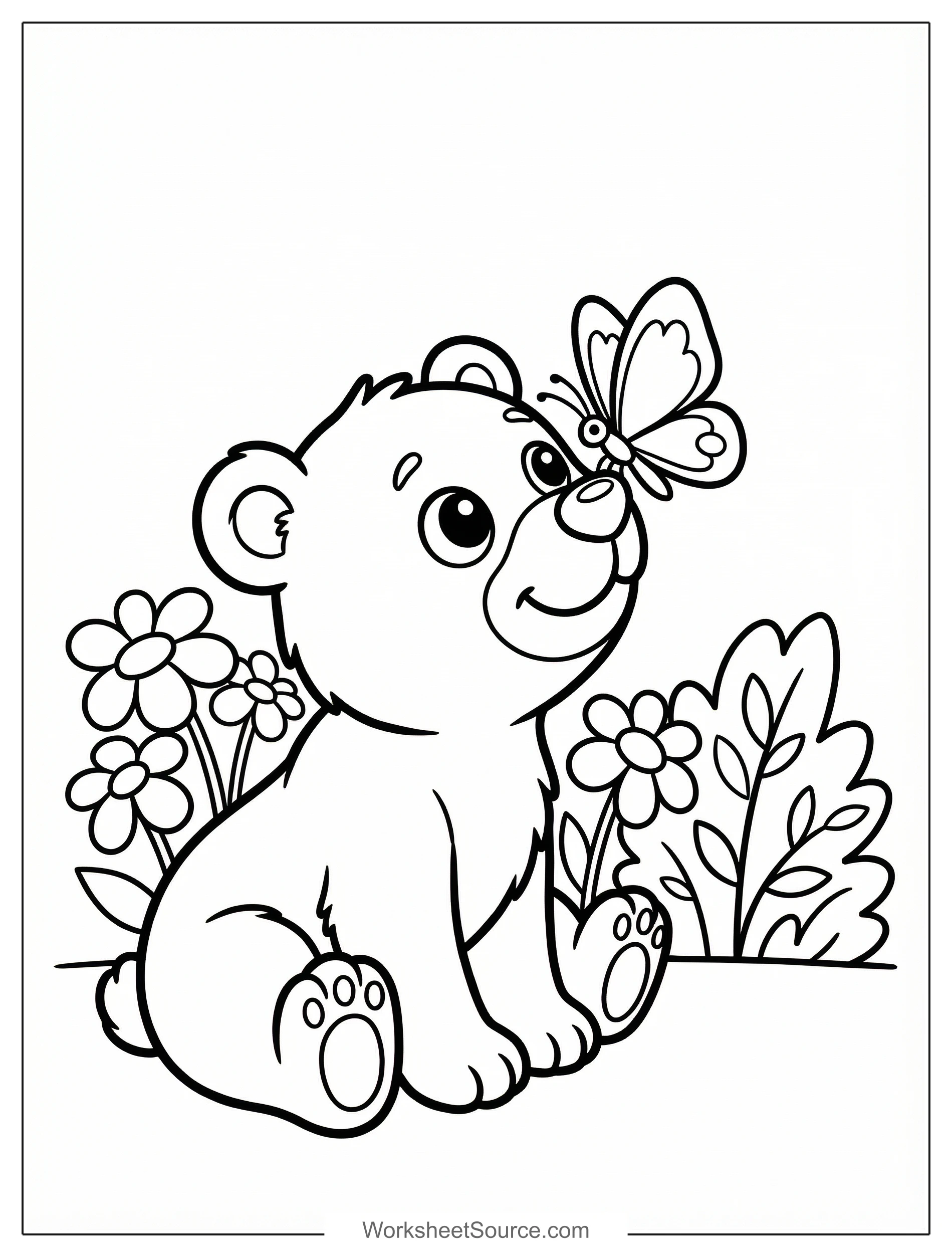 Free printable coloring page showing a cute bear cub with a butterfly on its nose, perfect for kids to practice coloring and fine motor skills