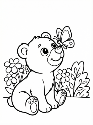 Free printable coloring page showing a cute bear cub with a butterfly on its nose, perfect for kids to practice coloring and fine motor skills