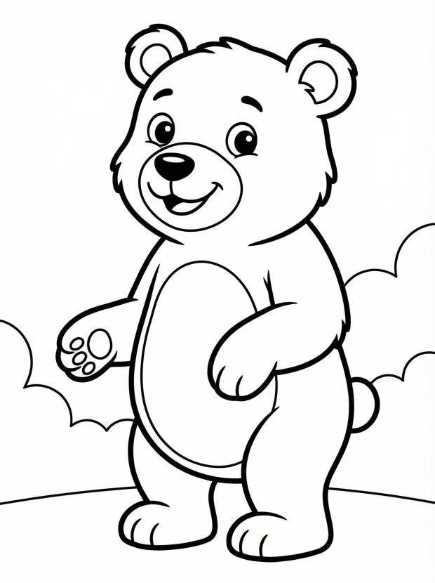 Free printable coloring page showing a smiling bear standing, perfect for kids to practice coloring and creativity