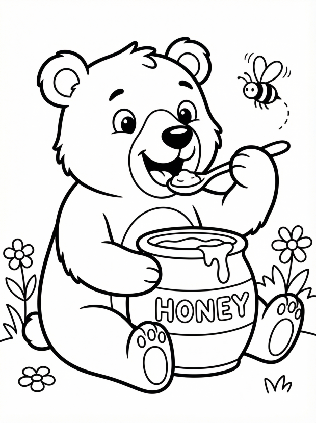 Free printable coloring page showing a happy bear eating honey from a pot, perfect for kids to practice coloring and fine motor skills