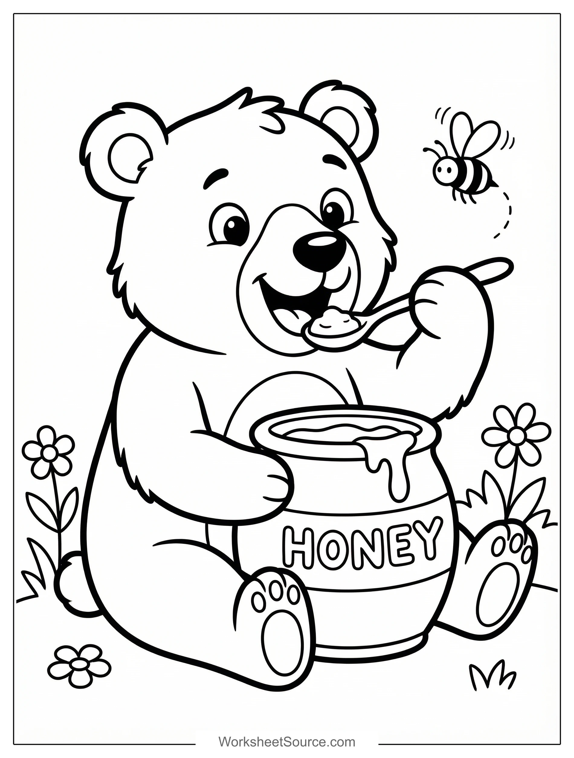 Free printable coloring page showing a happy bear eating honey from a pot, perfect for kids to practice coloring and fine motor skills