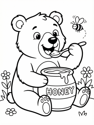 Free printable coloring page showing a happy bear eating honey from a pot, perfect for kids to practice coloring and fine motor skills