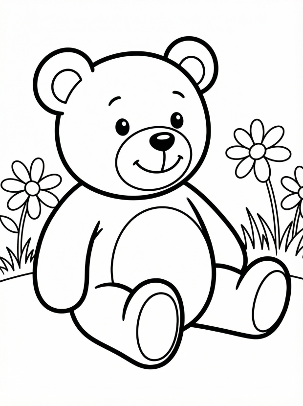 Free printable coloring page showing a cute bear sitting among flowers, perfect for kids to practice coloring and creativity.