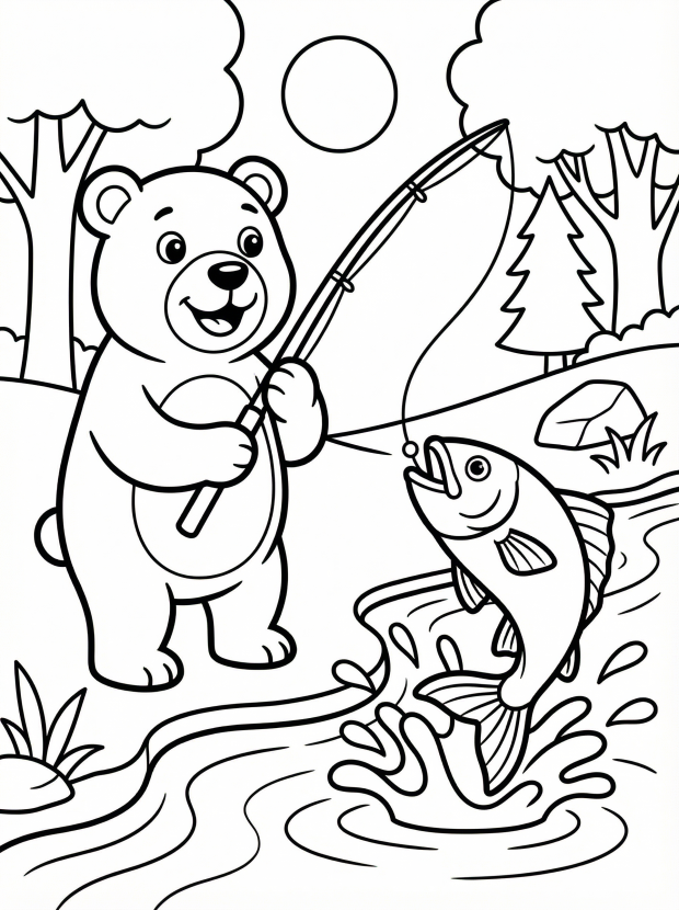 Free printable coloring page showing a friendly bear catching a fish by a stream, perfect for kids to practice fine motor skills and color recognition