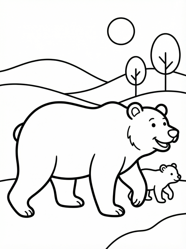 Free printable coloring page showing a mother bear walking with her cub in a hilly landscape, perfect for kids to practice coloring and storytelling