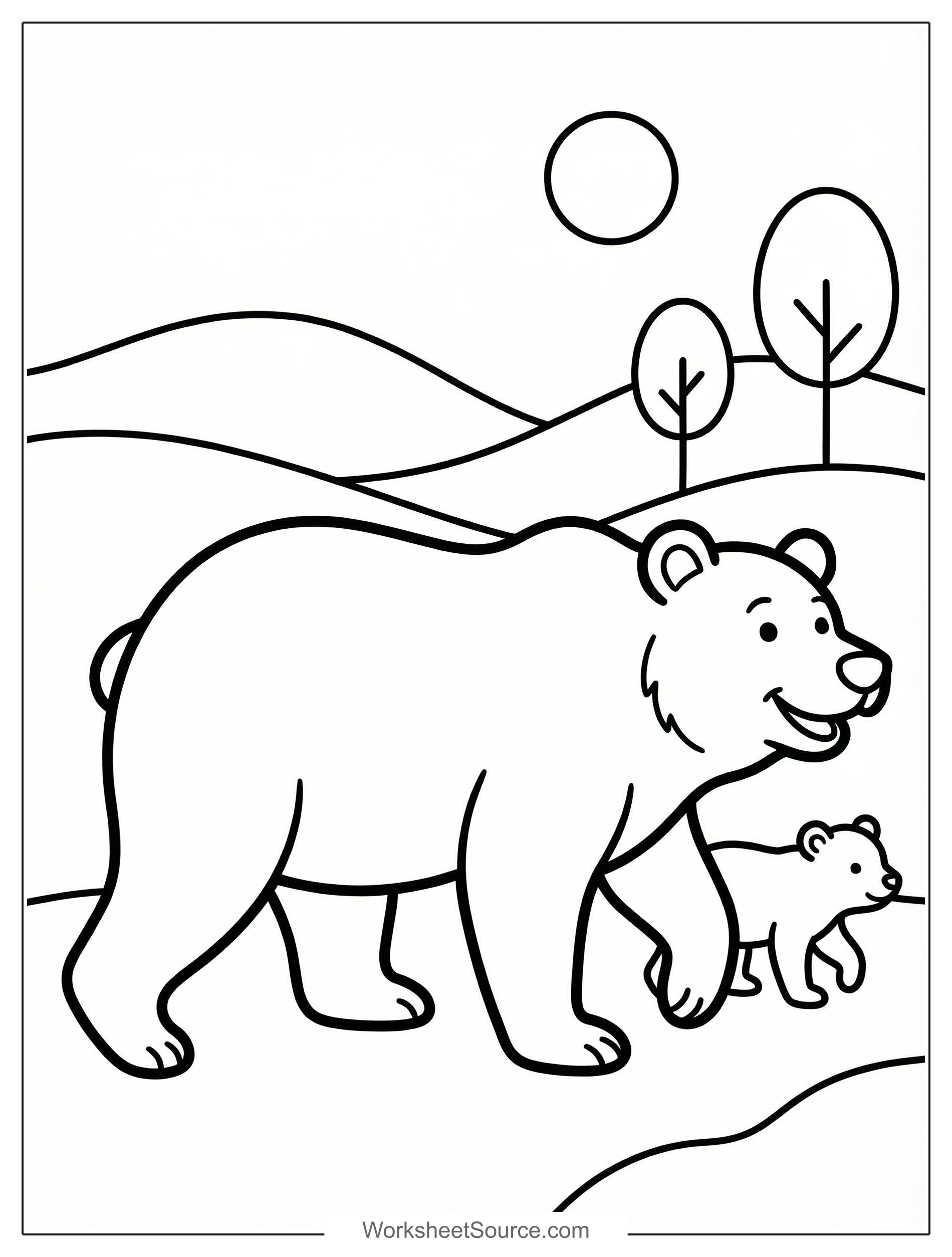 Free printable coloring page showing a mother bear walking with her cub in a hilly landscape, perfect for kids to practice coloring and storytelling