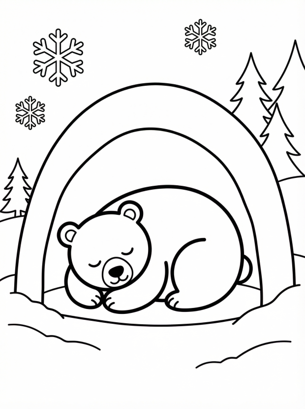 Free printable coloring page showing a sleeping bear in a cozy den, perfect for kids to practice focus and creativity
