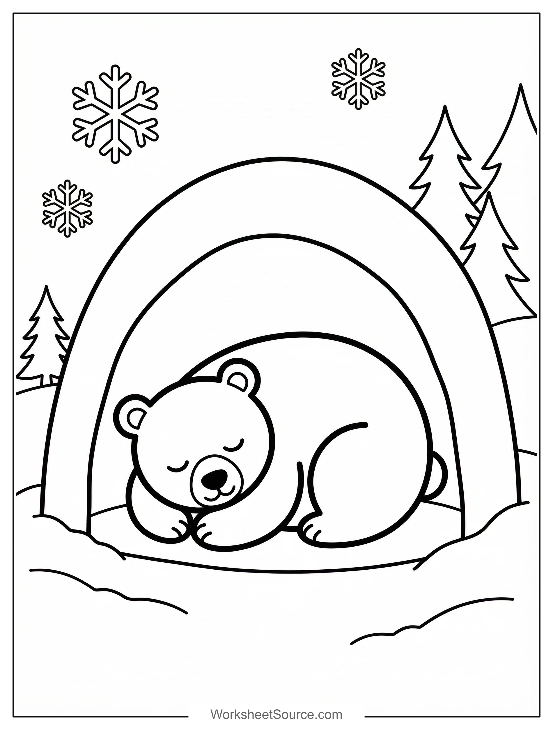 Free printable coloring page showing a sleeping bear in a cozy den, perfect for kids to practice focus and creativity