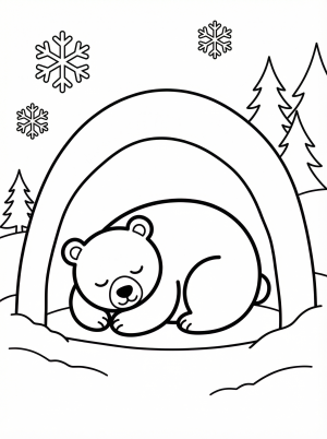 Free printable coloring page showing a sleeping bear in a cozy den, perfect for kids to practice focus and creativity