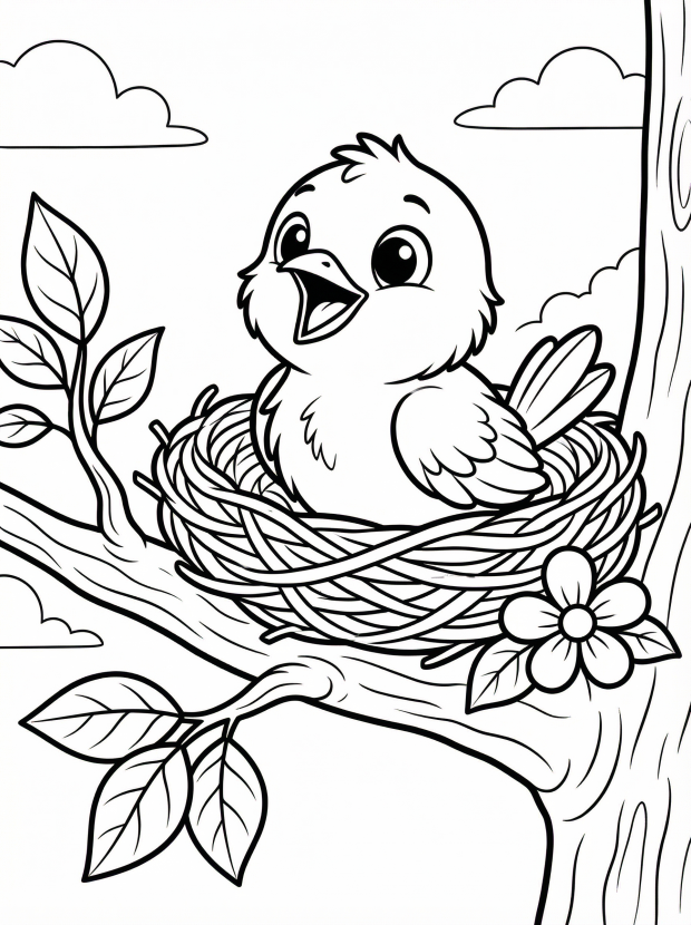 Free printable coloring page showing a cute baby bird in a nest on a branch, perfect for kids to practice color matching and fine motor skills