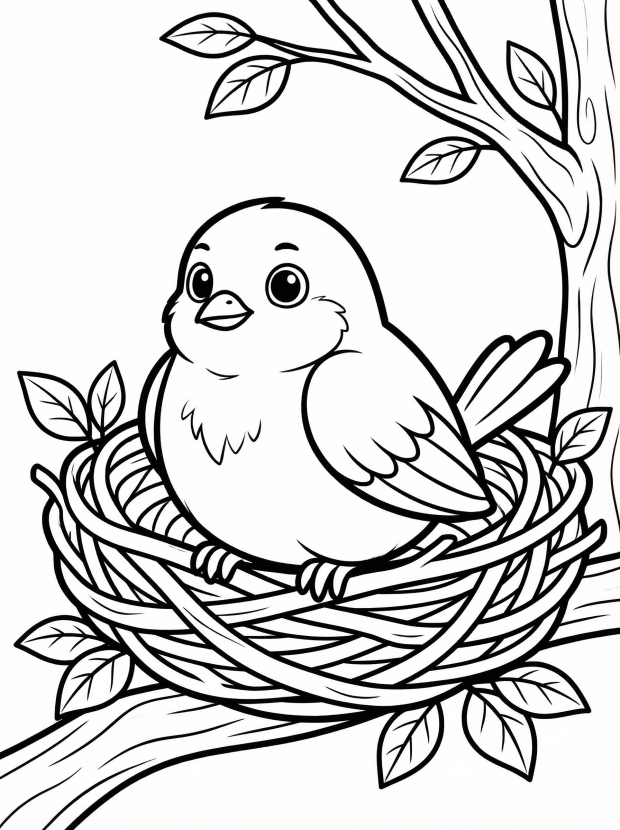 Free printable coloring page showing a cute bird sitting in a nest on a branch, perfect for kids to practice coloring and fine motor skills