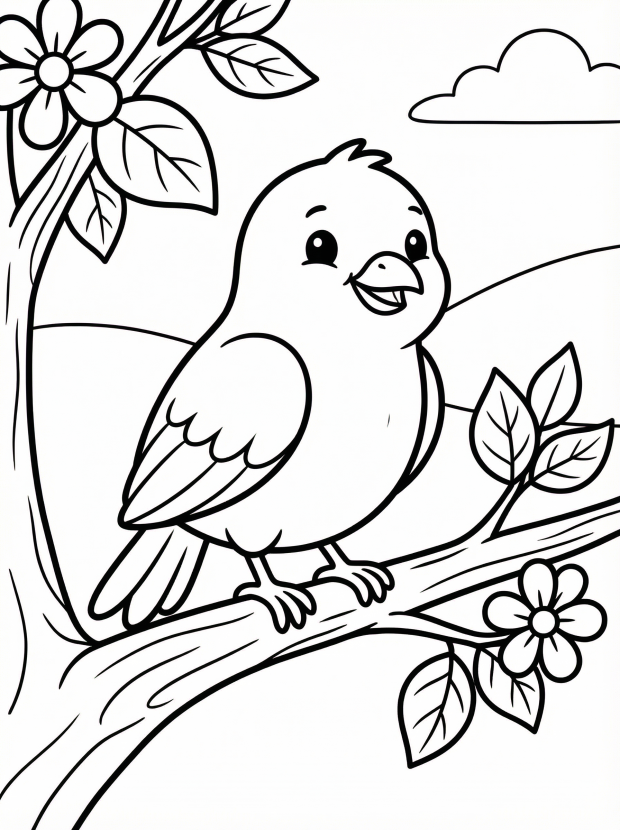 Free printable coloring page showing a happy bird on a branch, perfect for kids to practice coloring and learn about birds