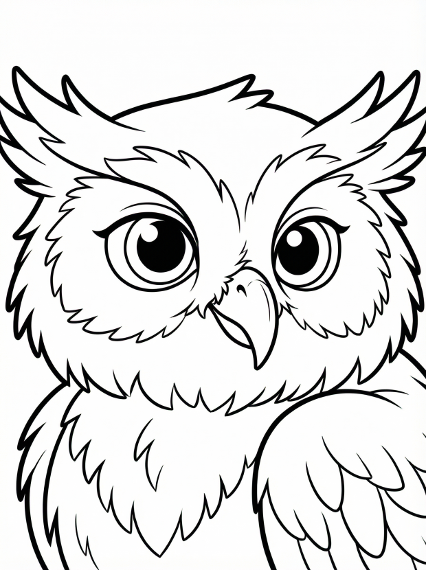 Free printable coloring page showing a detailed owl bird portrait, perfect for kids to practice fine motor skills and creativity