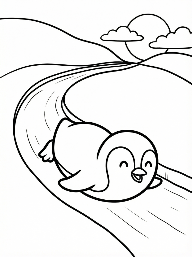 Free printable coloring page showing a cute penguin sliding on ice, perfect for kids to practice coloring and creativity
