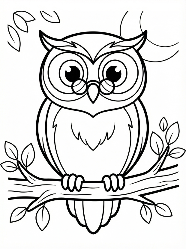 Free printable coloring page showing a wise owl on a tree branch, perfect for kids to practice coloring and develop fine motor skills