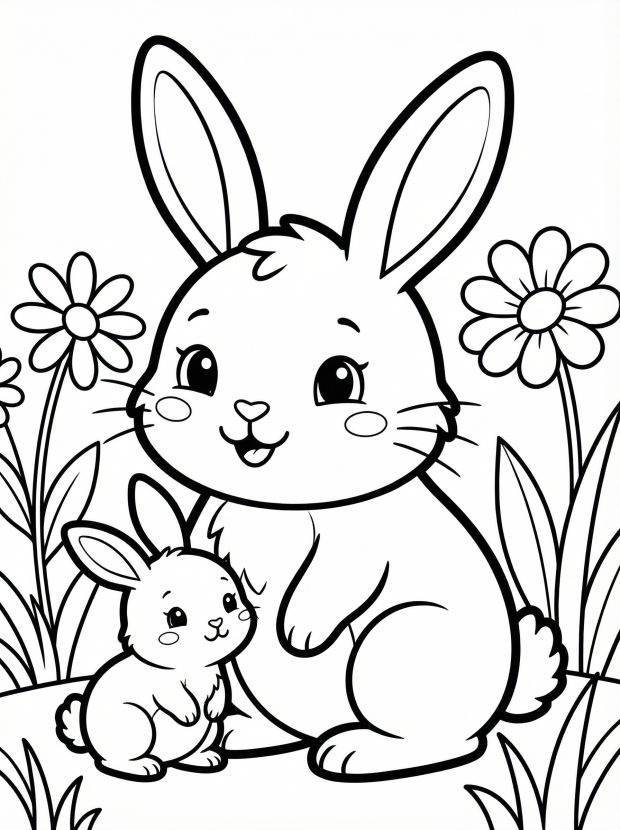 Free printable coloring page showing a baby bunny with flowers, perfect for kids to practice coloring and fine motor skills
