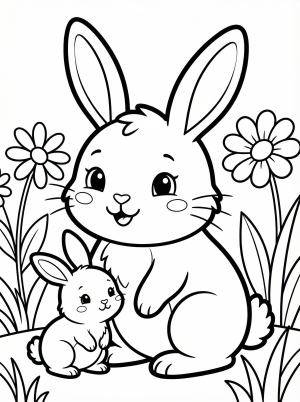 Free printable coloring page showing a baby bunny with flowers, perfect for kids to practice coloring and fine motor skills