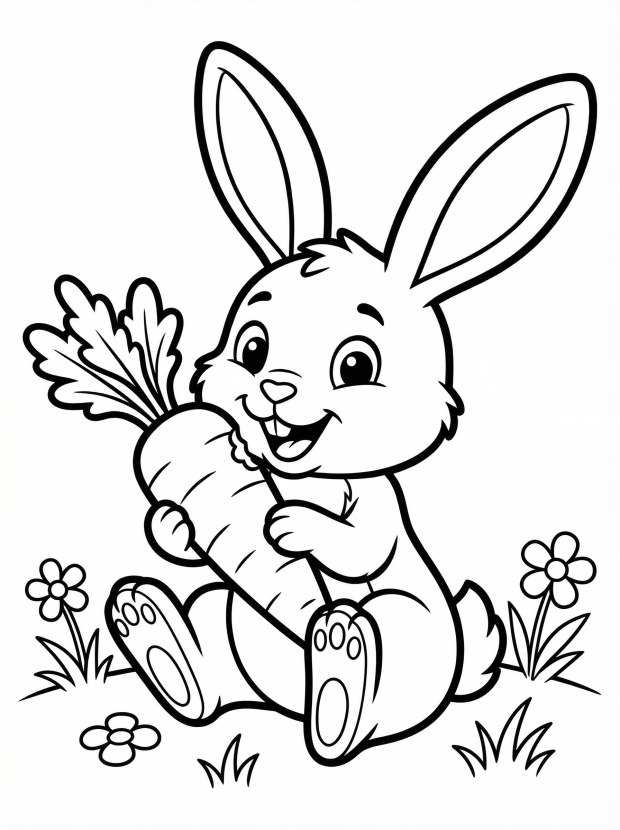 Free printable coloring page showing a bunny eating a carrot, perfect for kids to practice fine motor skills and creativity
