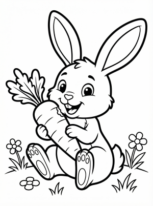 Free printable coloring page showing a bunny eating a carrot, perfect for kids to practice fine motor skills and creativity
