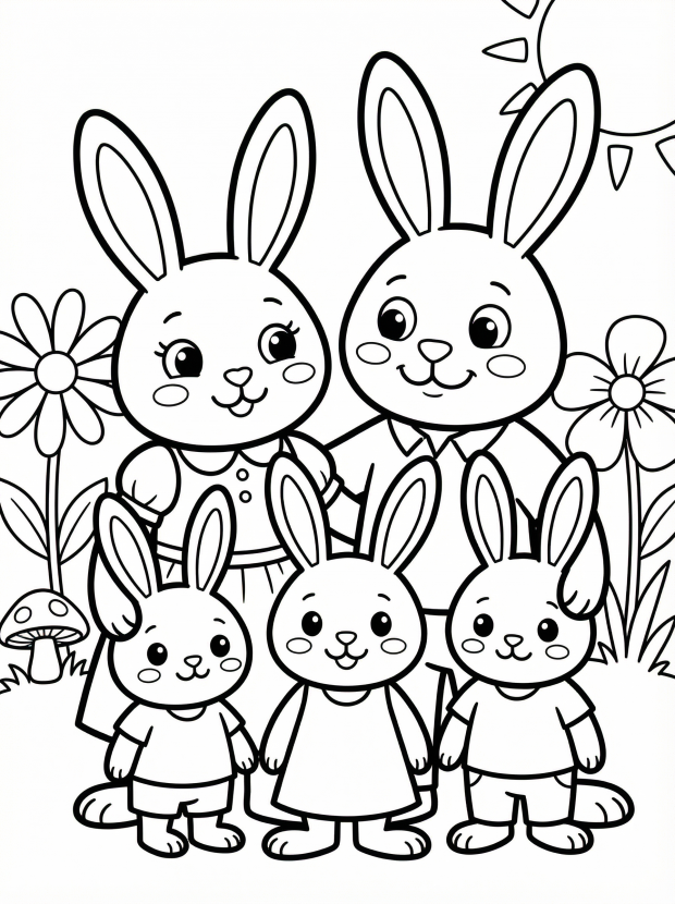 Free printable coloring page showing a bunny family in a garden, perfect for kids to practice coloring and build fine motor skills