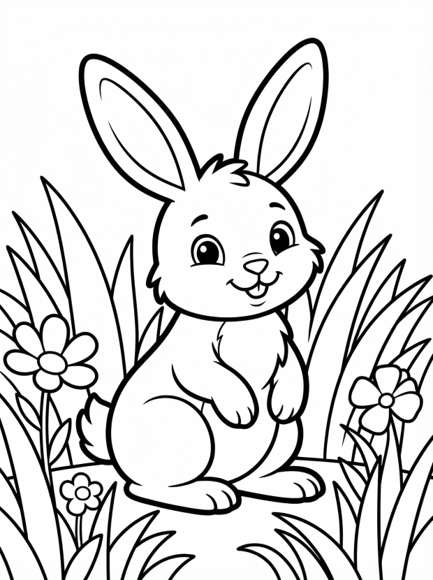 Free printable coloring page showing a happy bunny sitting in grass with flowers, perfect for kids to practice coloring and fine motor skills