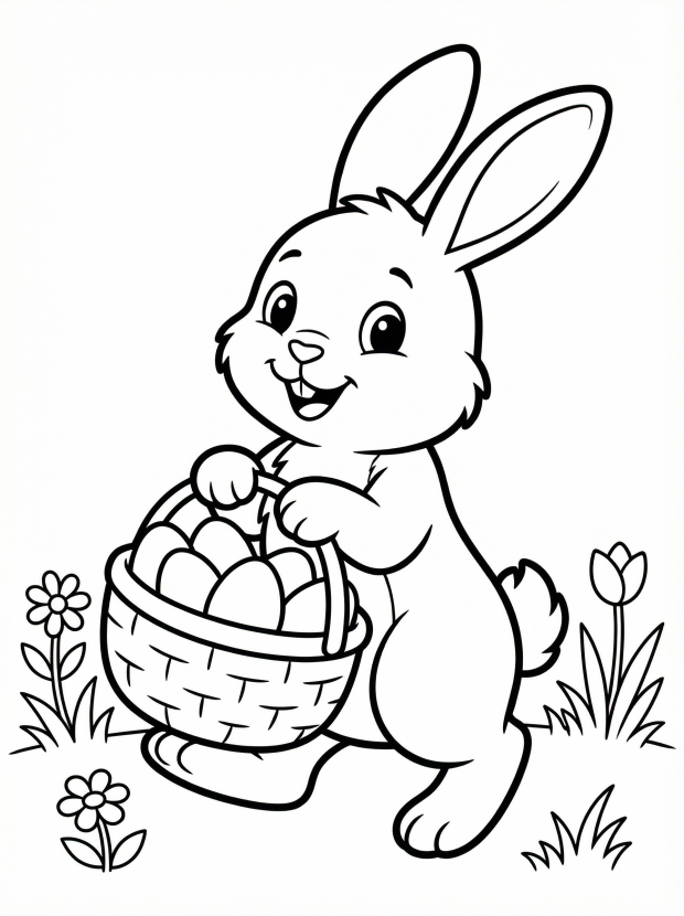 Free printable coloring page showing a happy bunny holding a basket of eggs, perfect for kids to practice coloring and creativity