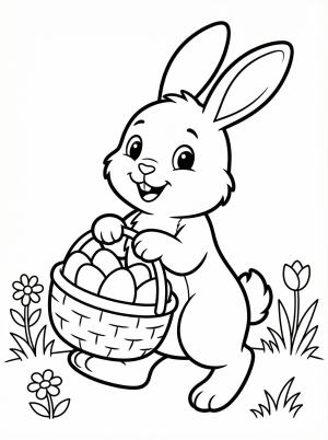 Free printable coloring page showing a happy bunny holding a basket of eggs, perfect for kids to practice coloring and creativity