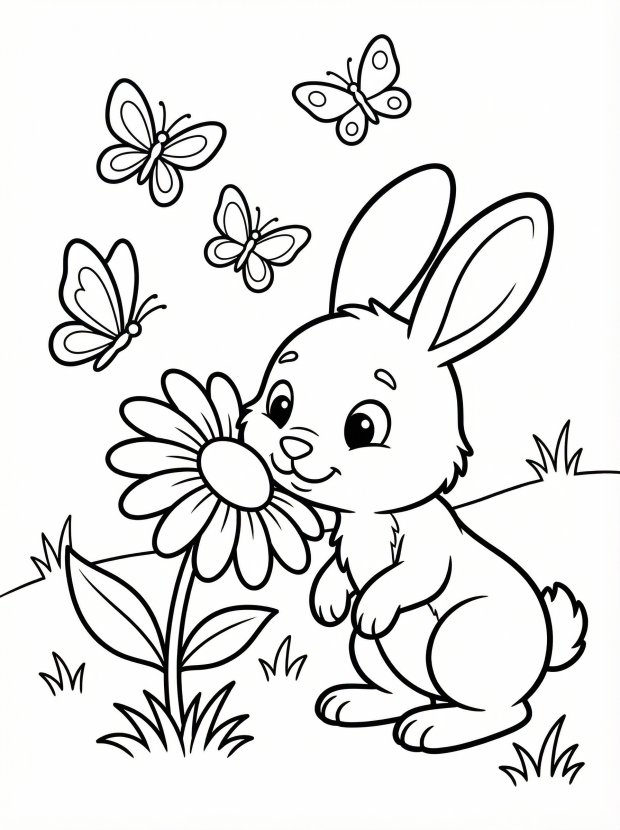 Free printable coloring page showing a bunny sniffing a large flower with butterflies, perfect for kids to practice coloring and fine motor skills