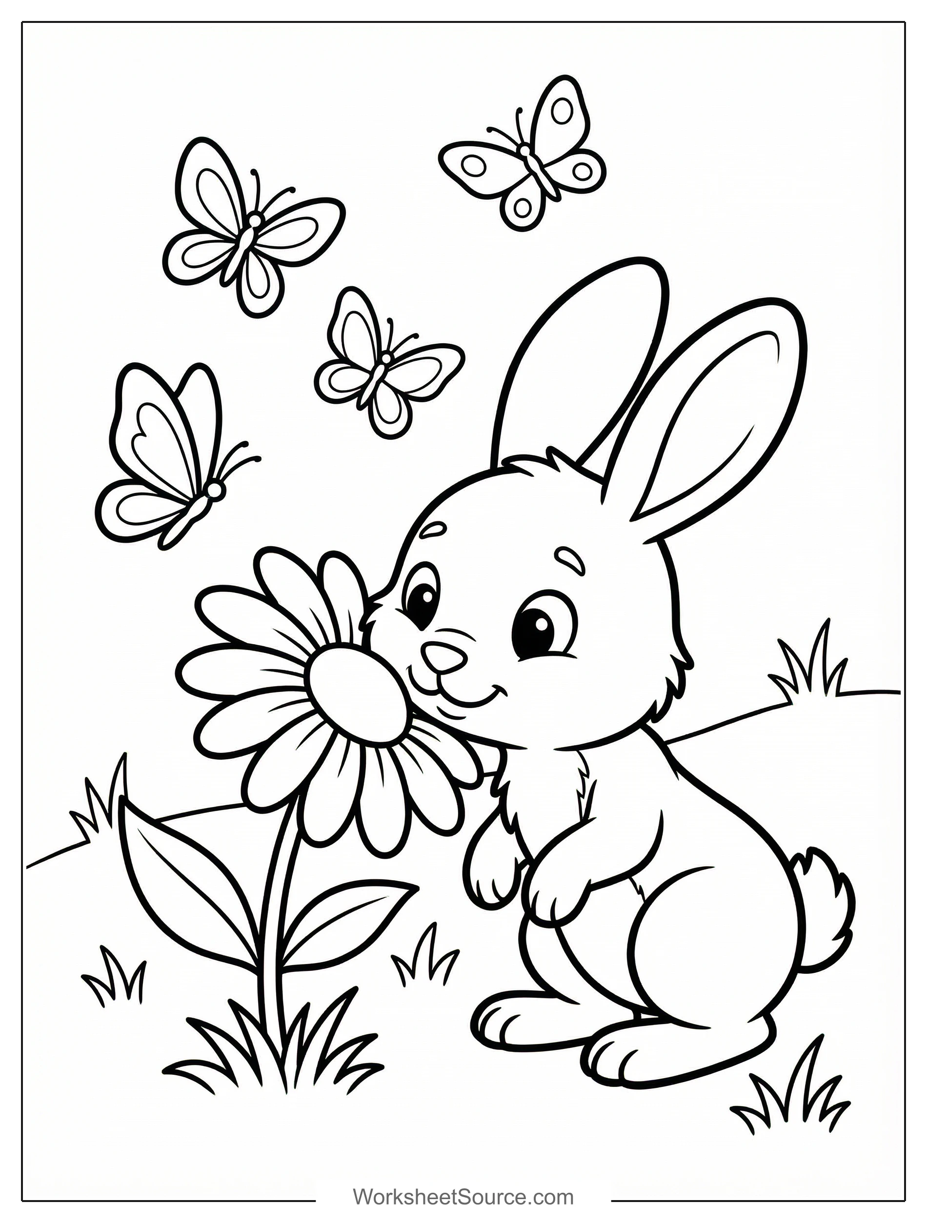 Free printable coloring page showing a bunny sniffing a large flower with butterflies, perfect for kids to practice coloring and fine motor skills