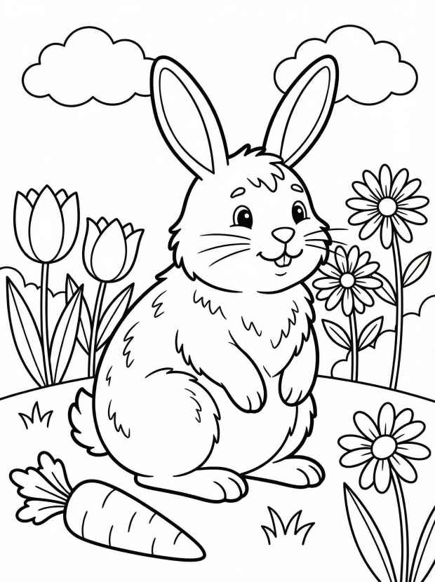 Free printable coloring page showing a fuzzy bunny in a garden with flowers and a carrot, perfect for kids to practice coloring and creativity